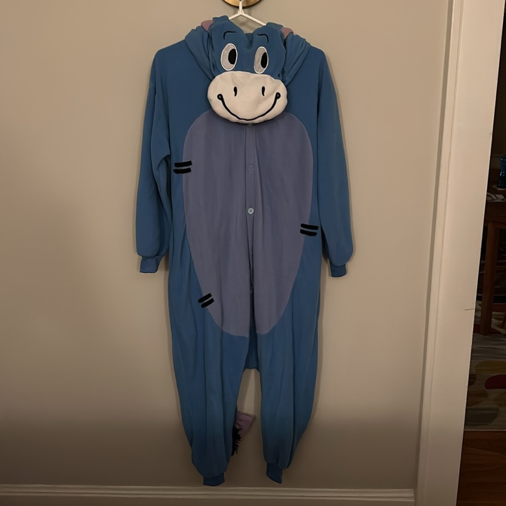 Fleece Eeyore Hooded Onesie / Costume or Cozy!  Child Large / Adult Small.